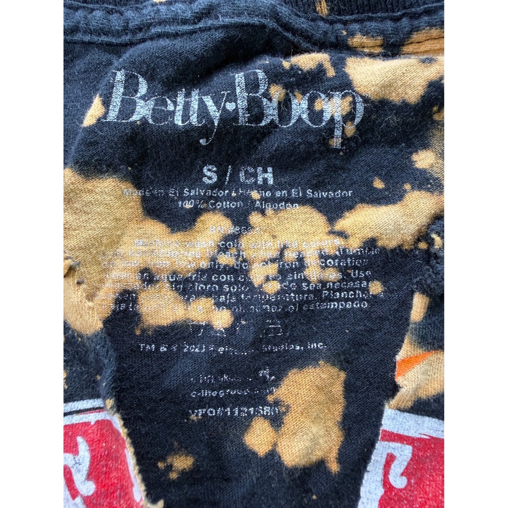 Betty Boop Graphic T-Shirt Women Small Black Bleach Splatter Biker Crop Top - Picture 6 of 9